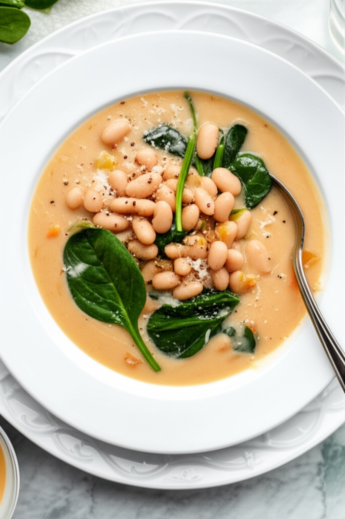 Creamy white bean soup in a white bowl, garnished with spinach and grated cheese, with a spoon.