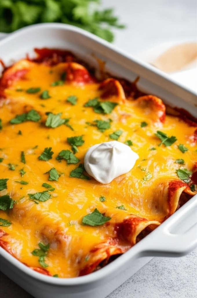 Baked enchilada casserole in white dish, topped with melted cheese, sour cream, and cilantro.