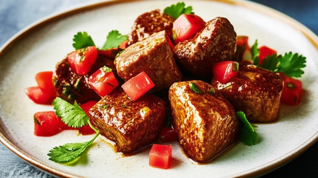 Seared pork cubes with red pepper garnish and cilantro on a plate.