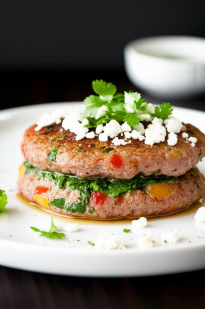 Two stacked veggie burgers with herbs, peppers, feta, and cilantro on a white plate.