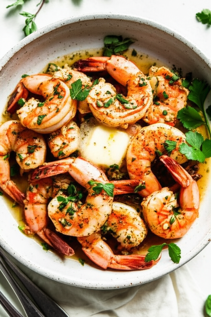 Sautéed shrimp in a bowl with butter, garlic sauce, and parsley garnish.