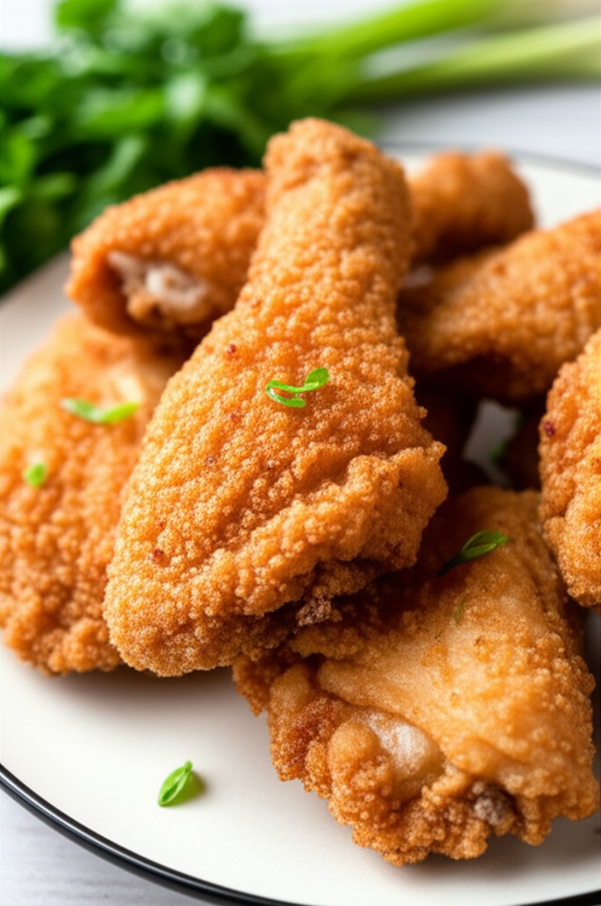 Crispy, golden-brown oven-fried chicken pieces on a white plate, garnished with fresh herbs.