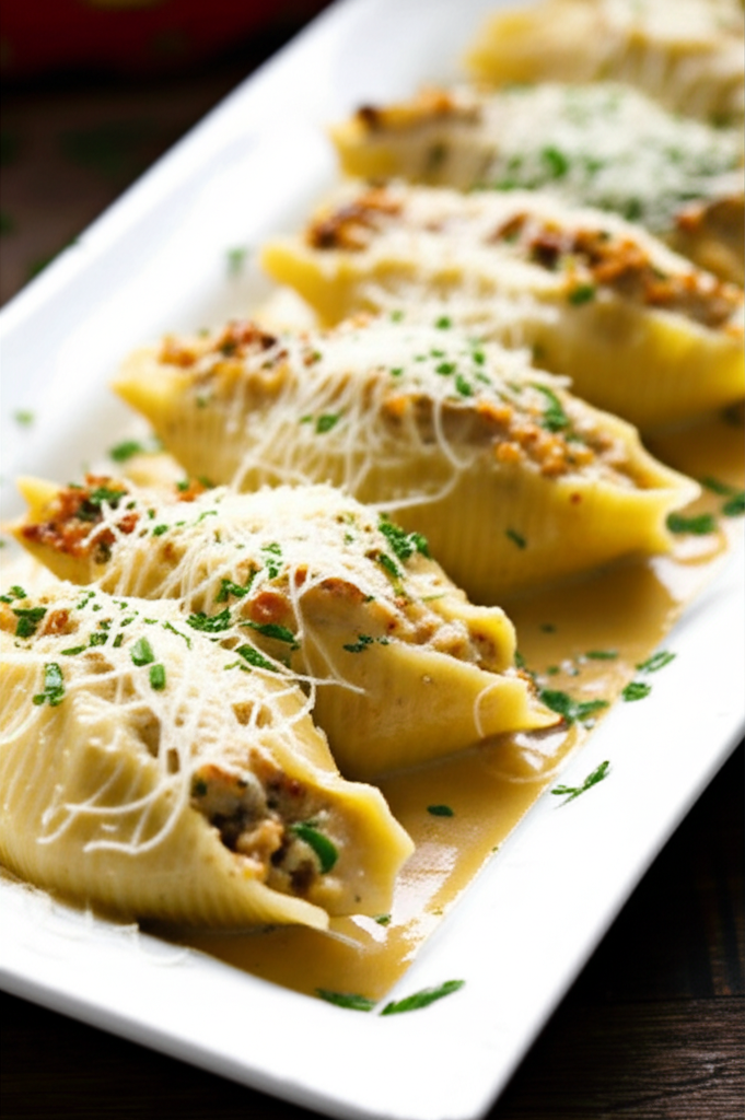 Stuffed pasta shells with chicken filling, topped with shredded cheese and herbs, served on a white platter with sauce.