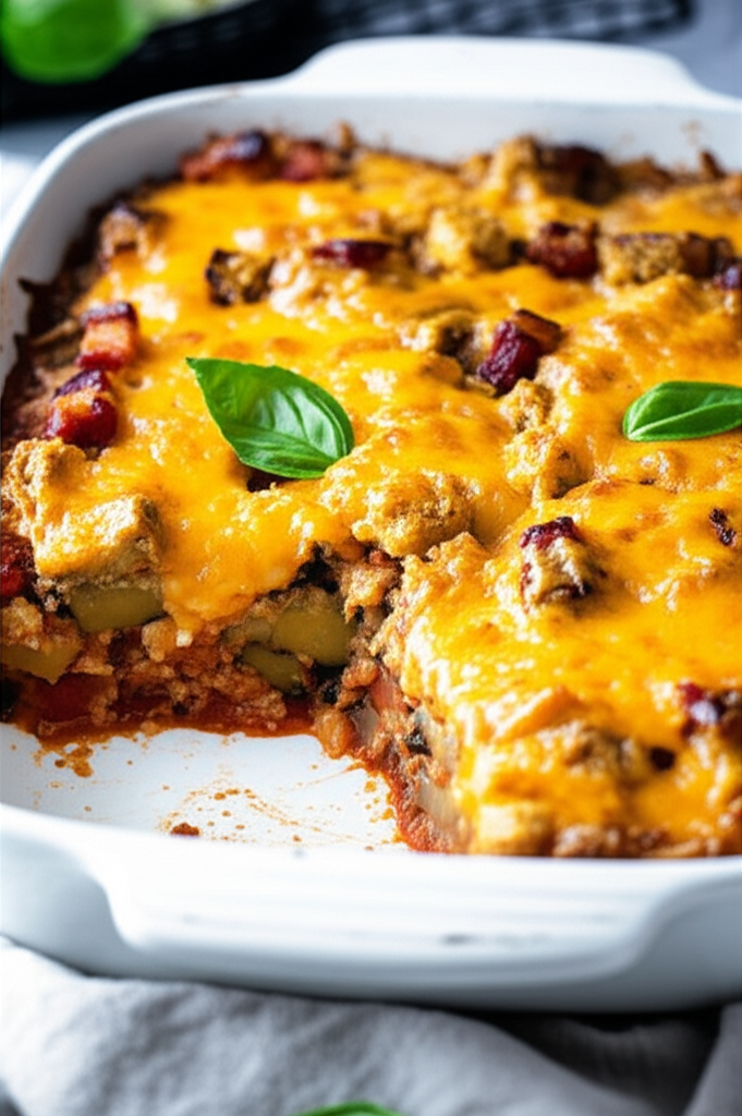 Eggplant tomato casserole in white dish, topped with melted cheese, bacon, and basil. Layered texture visible.
