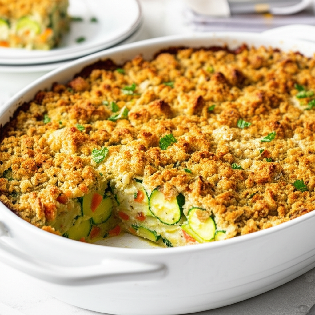 Baked zucchini casserole in white dish, topped with golden-brown crumble and parsley. Slice removed.
