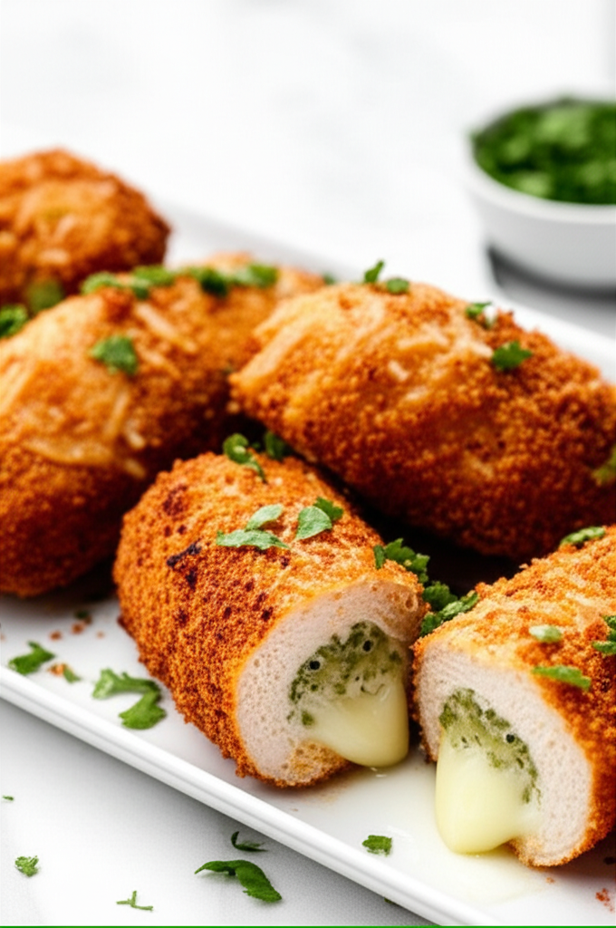 Breaded chicken rolls on a white plate, cut open to show melted cheese and green filling.