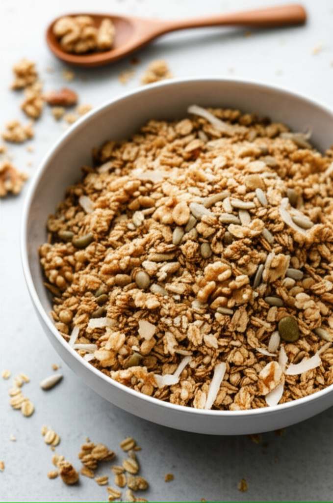 Bowl of golden-brown granola with oats, nuts, seeds, and coconut flakes. Wooden spoon in background.