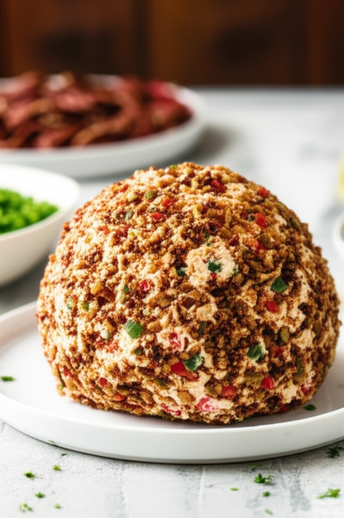 Cheese ball coated with chopped nuts and colorful peppers on a white plate.