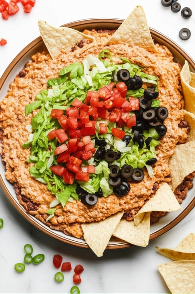 Layered taco dip in a bowl, topped with lettuce, diced tomatoes, and black olives, served with tortilla chips.