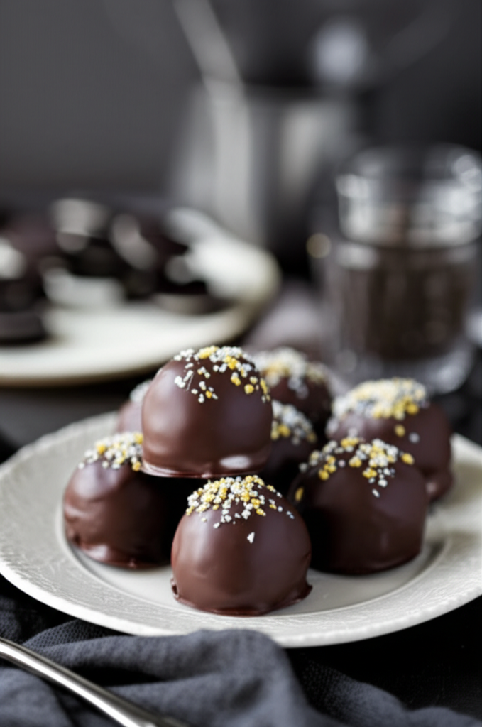 Shiny, dark chocolate Oreo truffles with white and gold sprinkles on a white plate.
