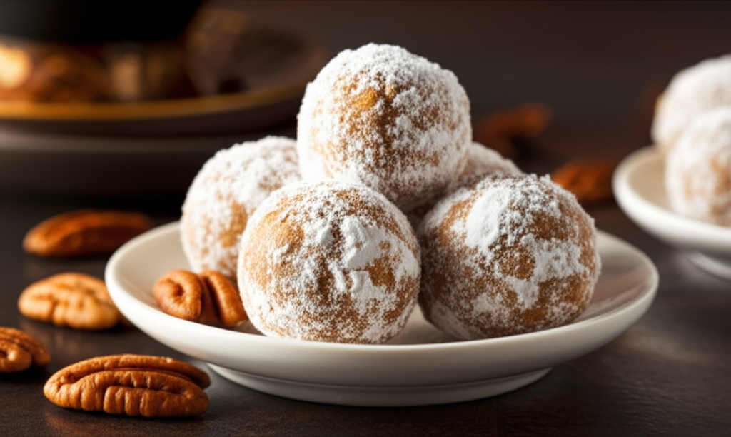 Date-pecan balls dusted with powdered sugar on a white plate, garnished with pecans.