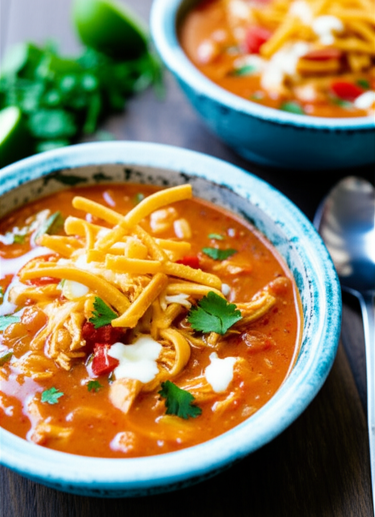 Chicken tortilla soup in a blue bowl, topped with tortilla strips, cream, and cilantro.