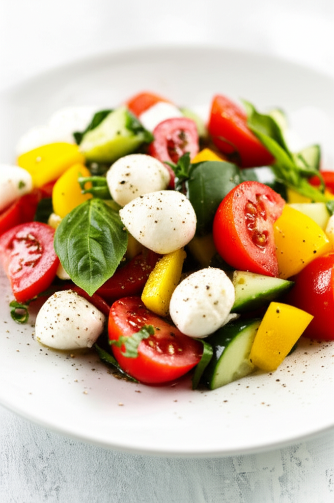 Fresh salad with sliced tomatoes, cucumbers, yellow bell peppers, mozzarella balls, and basil on a white plate.