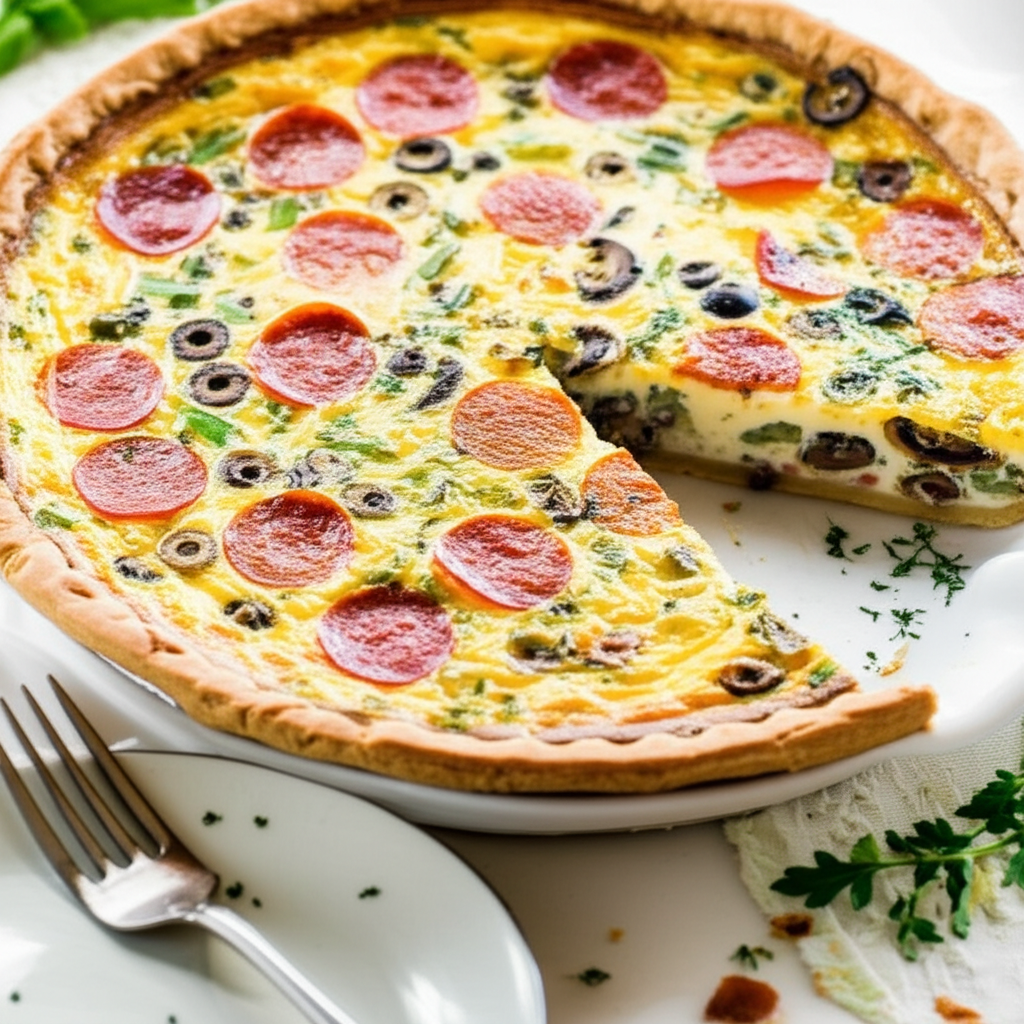 Italian quiche with golden crust, topped with pepperoni, olives, and herbs; slice removed.