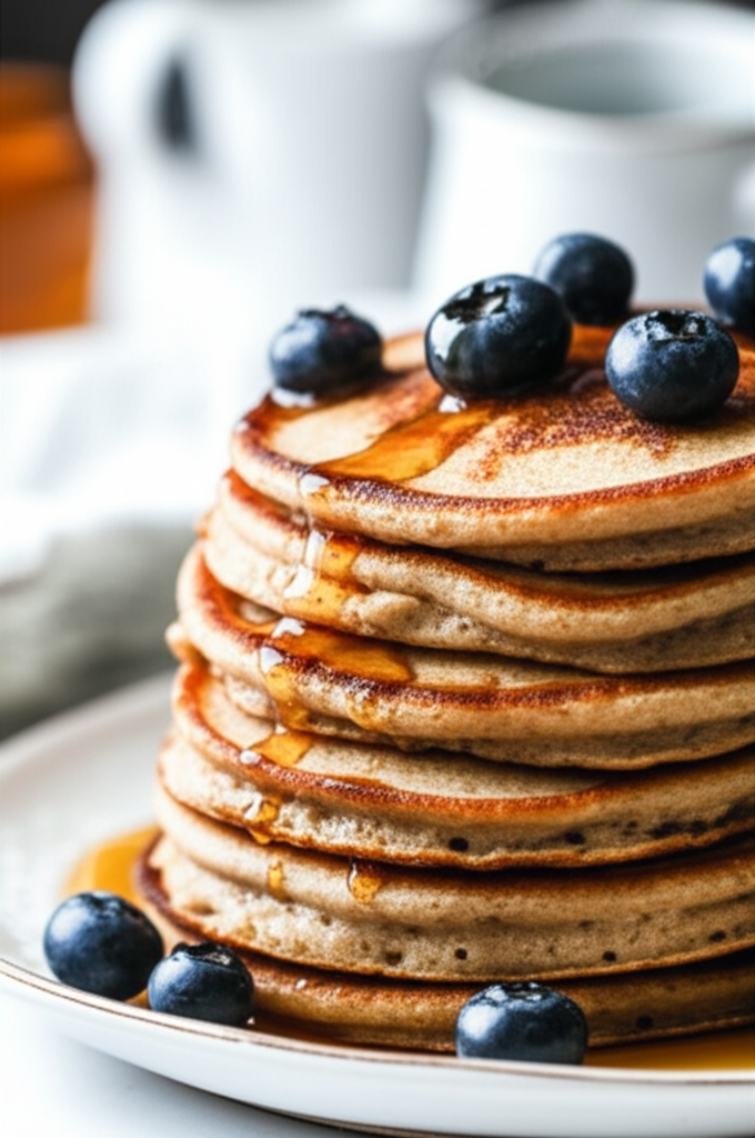 Stack of whole wheat pancakes drizzled with syrup and topped with blueberries.
