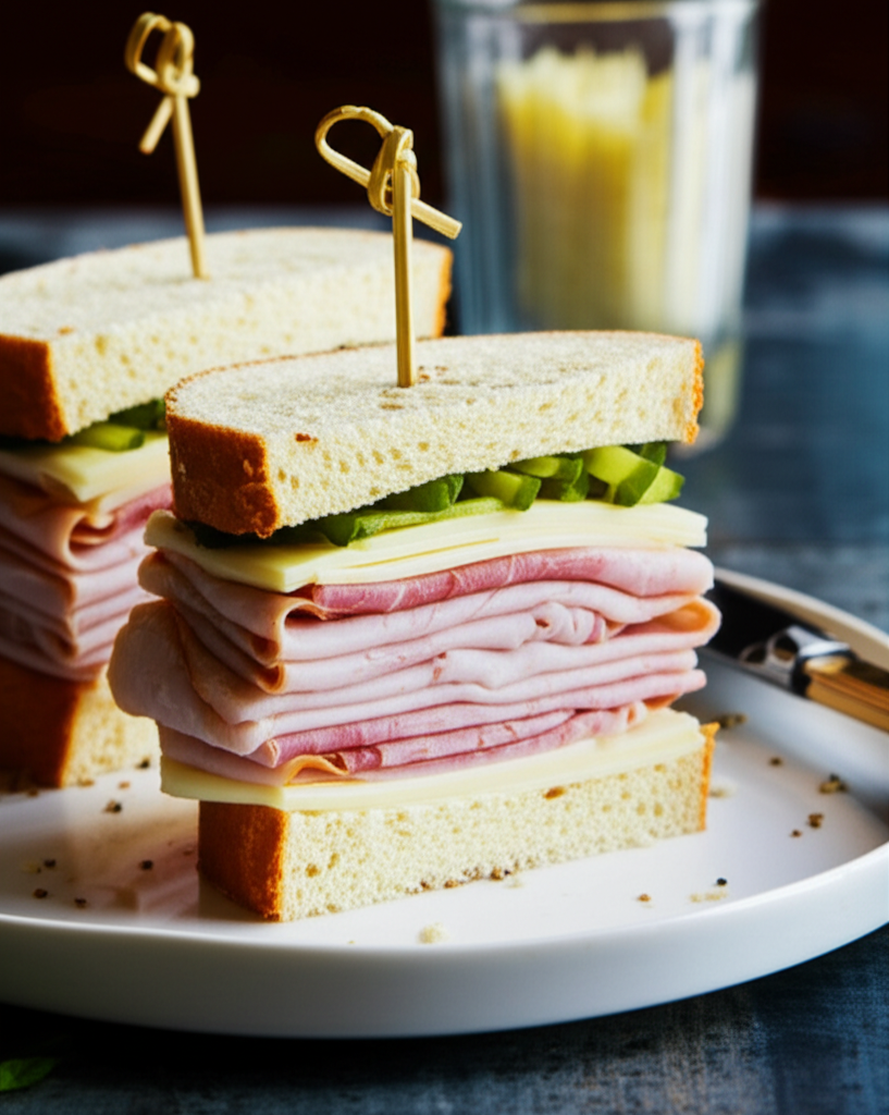 Stacked party sandwich with ham, cheese, and cucumber on white bread, secured with decorative toothpick.