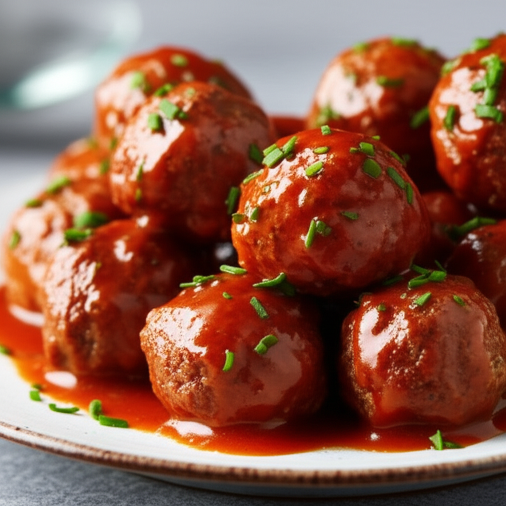 Cocktail meatballs glazed with red sauce, garnished with chives, served on a white plate.