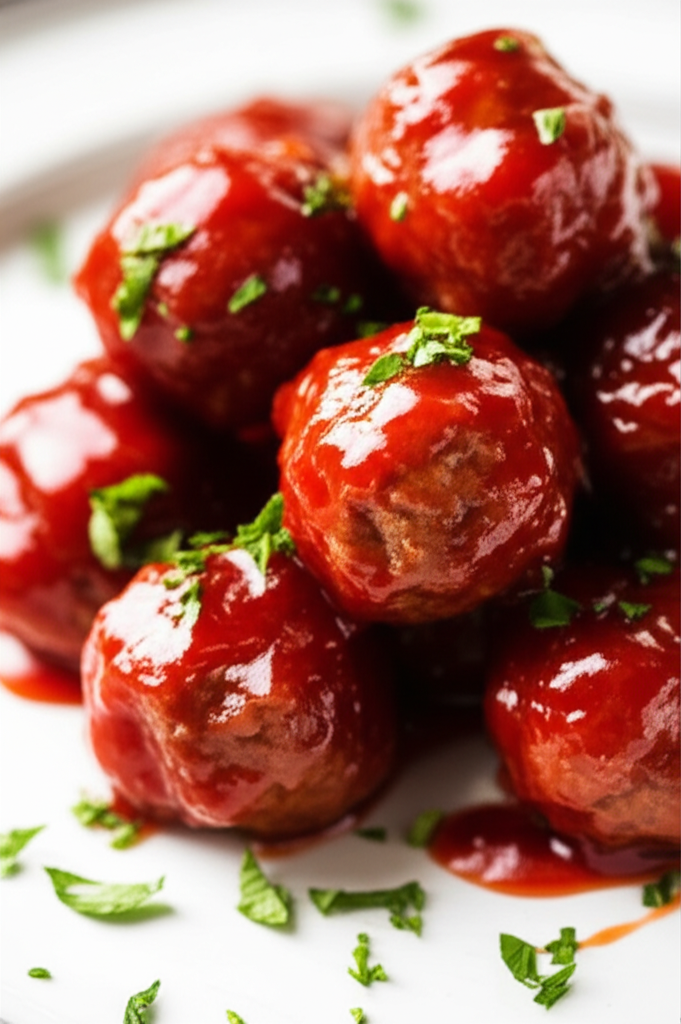 Pile of glazed meatballs, garnished with parsley, on a white plate.