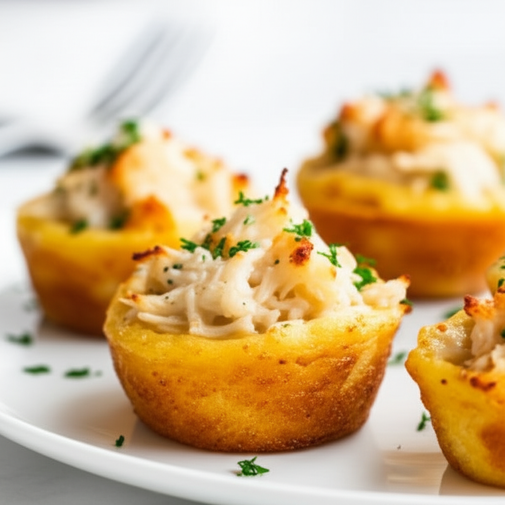 Golden-brown muffins topped with creamy crabmeat and parsley, served on a white plate.