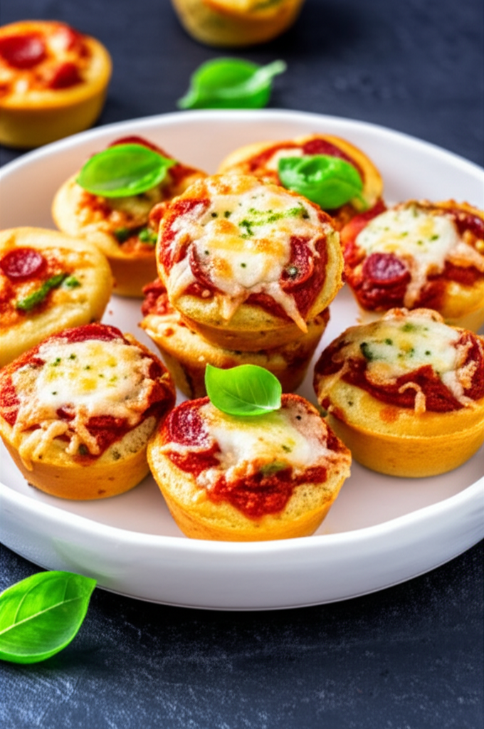 Mini pizza appetizers on a white plate, topped with melted cheese, pepperoni, tomato sauce, and basil.