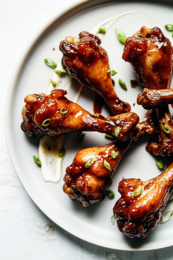 Glazed chicken drumettes on a plate, garnished with green onions and a creamy sauce.