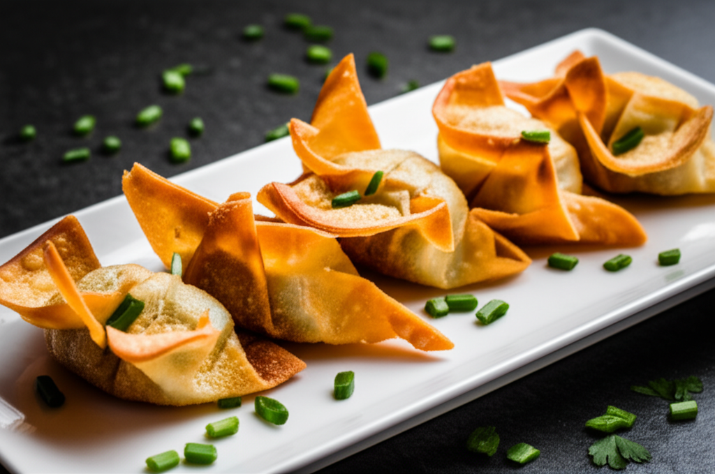 Crispy fried wontons on a white plate, garnished with chopped green onions.