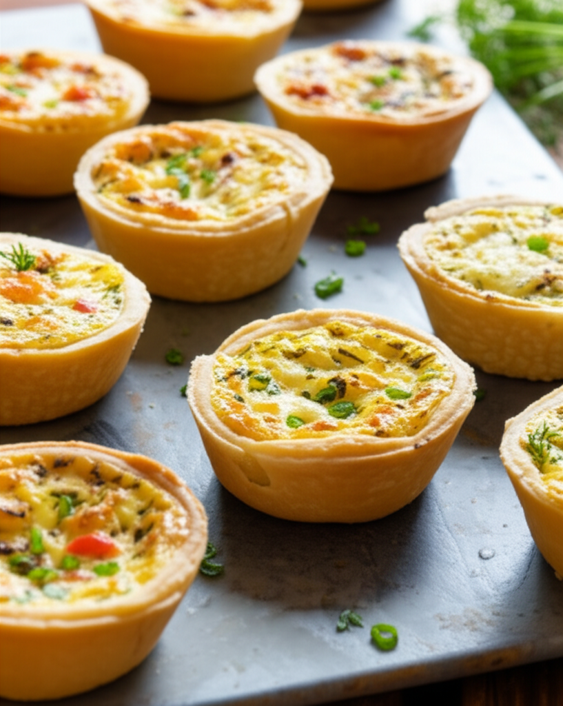 Mini quiches with golden crusts, filled with savory egg custard and herbs, arranged on a gray slate board.