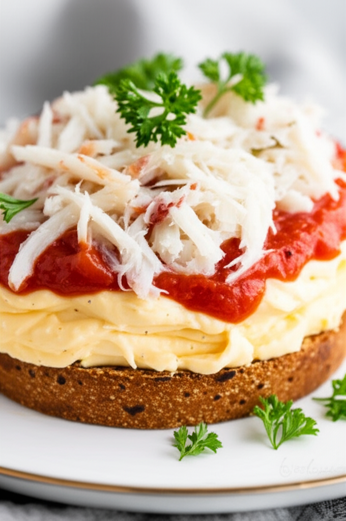 Crab canape: Toasted bread topped with creamy spread, red sauce, crab meat, and parsley garnish.