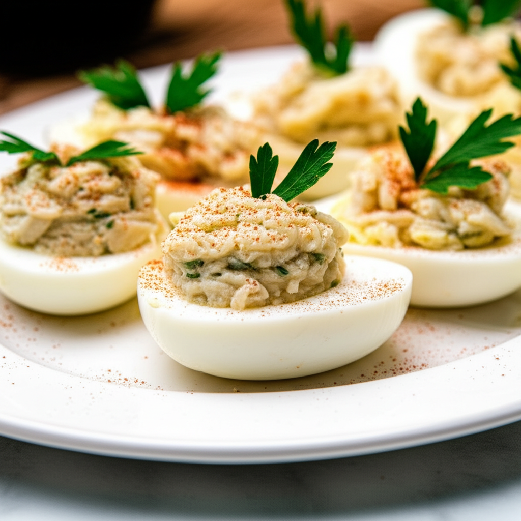 Deviled eggs filled with crabmeat salad, garnished with paprika and parsley, served on a white plate.