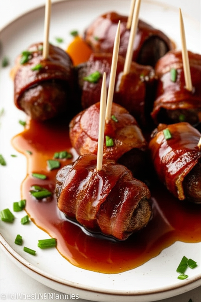 Bacon-wrapped sausages with toothpicks, glazed and served on a plate with chopped chives.