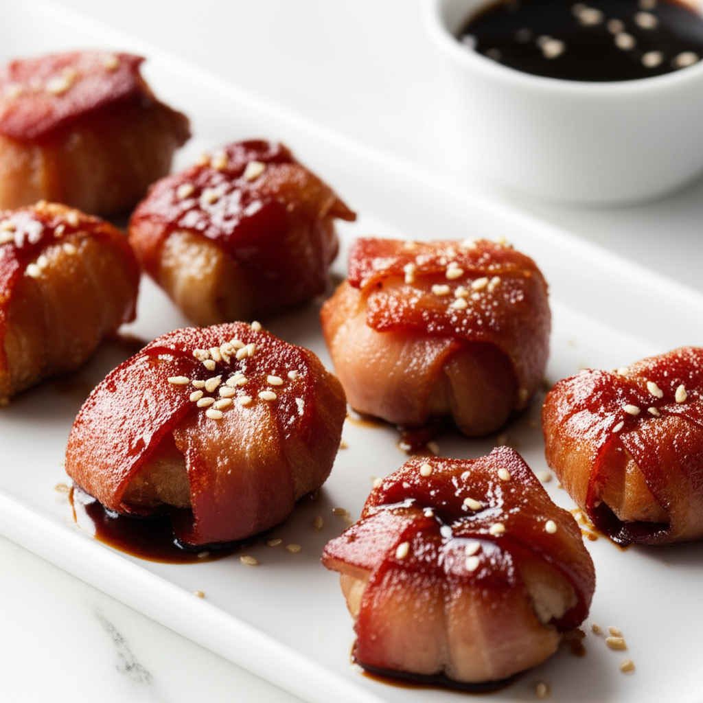 Bacon-wrapped water chestnuts on a white plate, glazed and sprinkled with sesame seeds. Soy sauce in background.