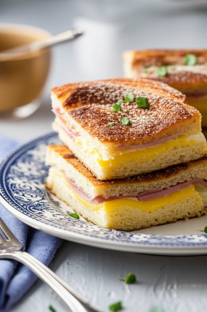 Stack of golden-brown souffle sandwiches with ham and cheese on a blue patterned plate, garnished with herbs.