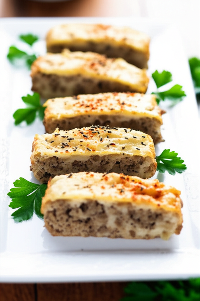 Baked sausage-onion squares on a white plate, topped with melted cheese and spices, garnished with parsley.