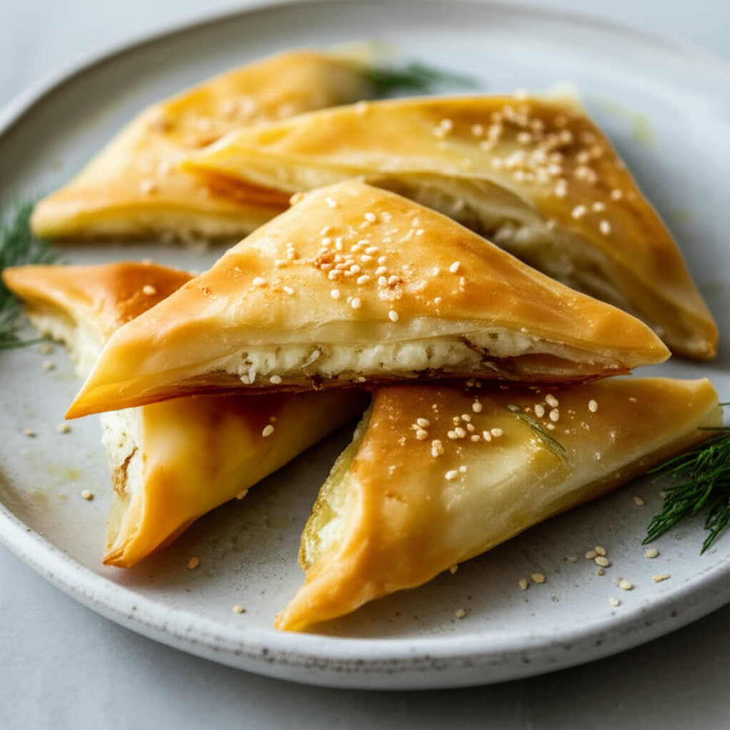 Flaky, golden-brown baked cheese triangles sprinkled with sesame seeds on a gray plate with dill sprigs.