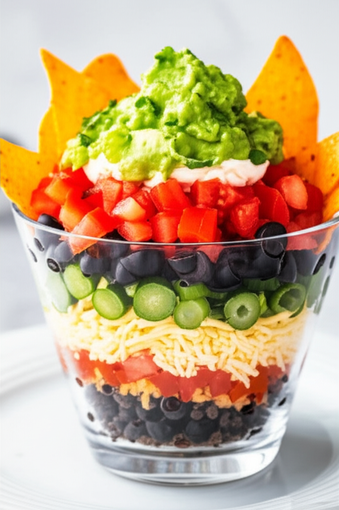 Layered walking taco salad in glass: black beans, tomatoes, cheese, green onions, black olives, tomatoes, sour cream, guacamole, and tortilla chips.