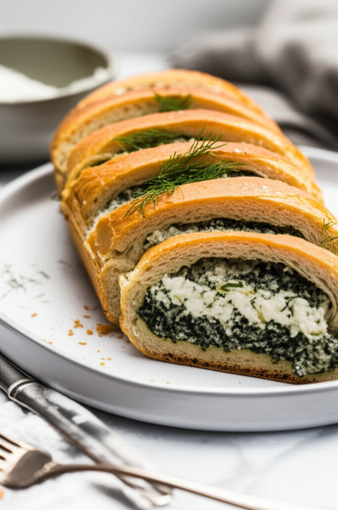 Sliced Danish spinach bread on a plate, filled with spinach and cheese, garnished with dill.