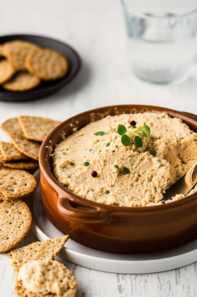 Crocked cheese dip in brown bowl, garnished with herbs, served with crackers.