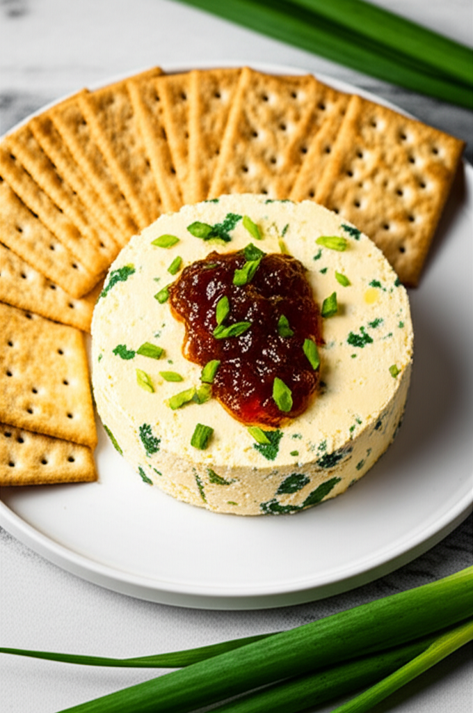Herb-covered cheese ball topped with jam, served with crackers on a white plate.