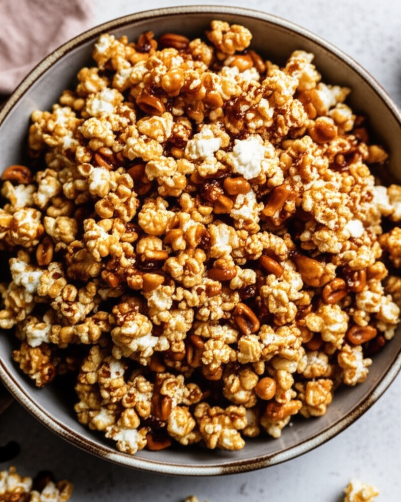 Bowl of oven-baked caramel corn with peanuts, showing a glossy, crunchy texture.