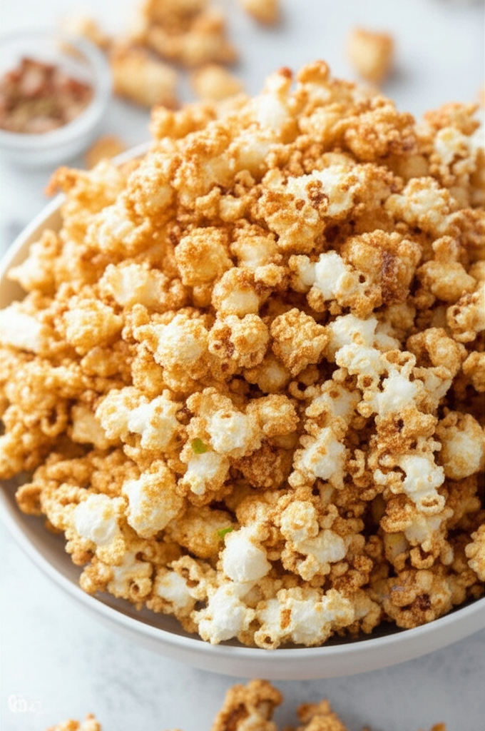 Bowl of crystallized popcorn, golden-brown coating, fluffy texture.