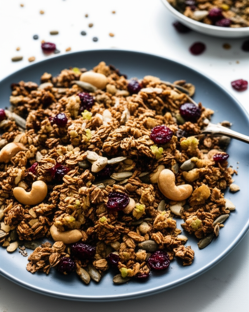 Toasted granola with dried cranberries, cashews, and seeds on a blue plate.