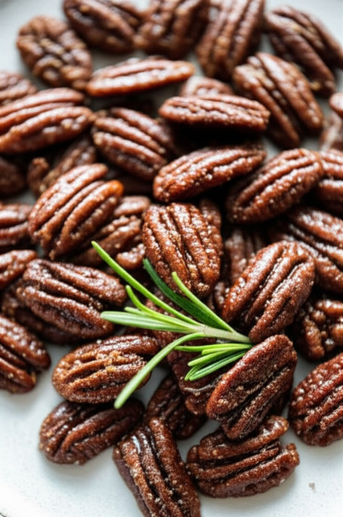 Roasted spiced pecans with rosemary sprig.
