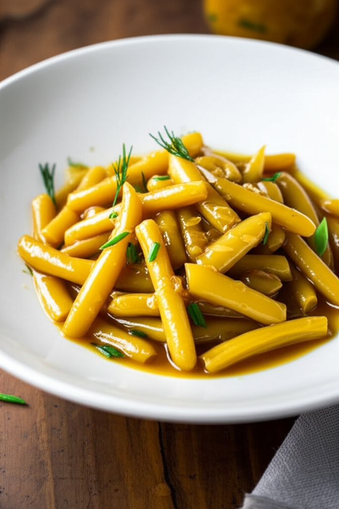 Yellow beans in mustard sauce, garnished with dill, served in a white bowl.