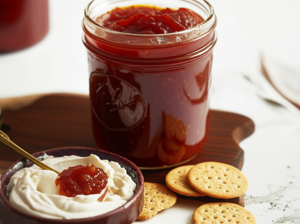 Jar of red jalapeño jam, served with crackers and cream cheese topped with jam.