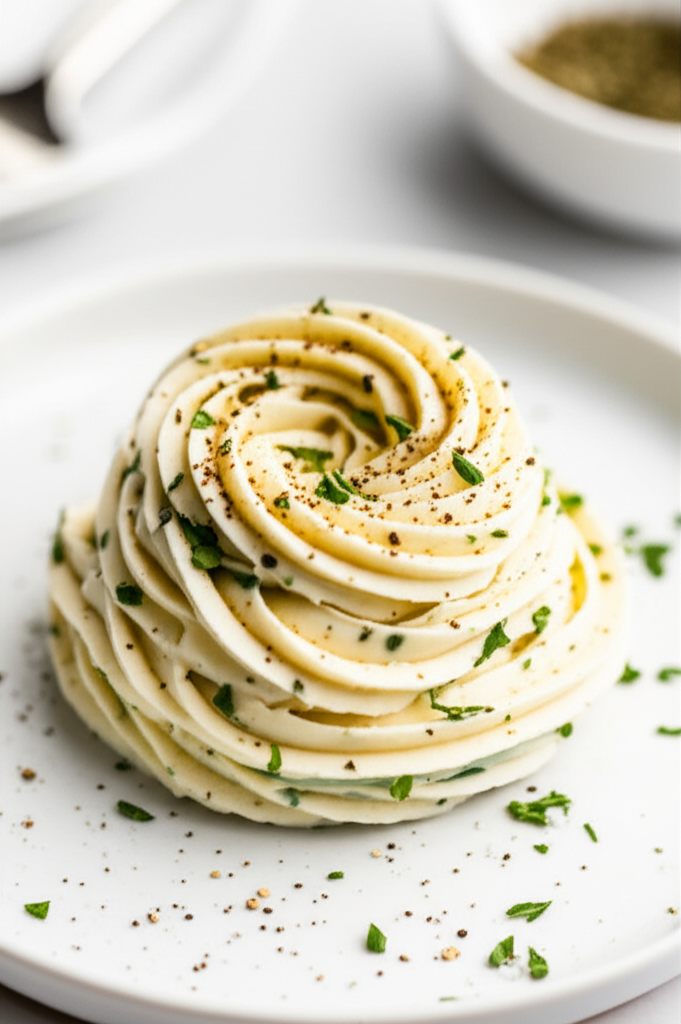 Swirled seasoned butter on a white plate, garnished with herbs and pepper.
