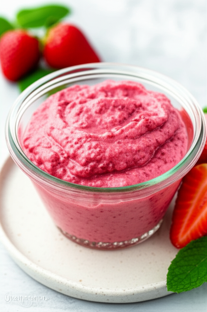 Creamy pink strawberry spread in a glass jar on a plate, garnished with fresh strawberries and mint leaves.