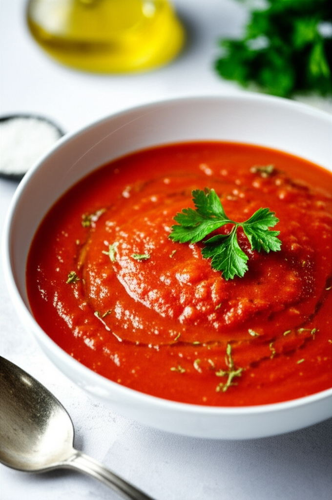 Smooth, bright red pasta sauce in a white bowl, garnished with parsley.