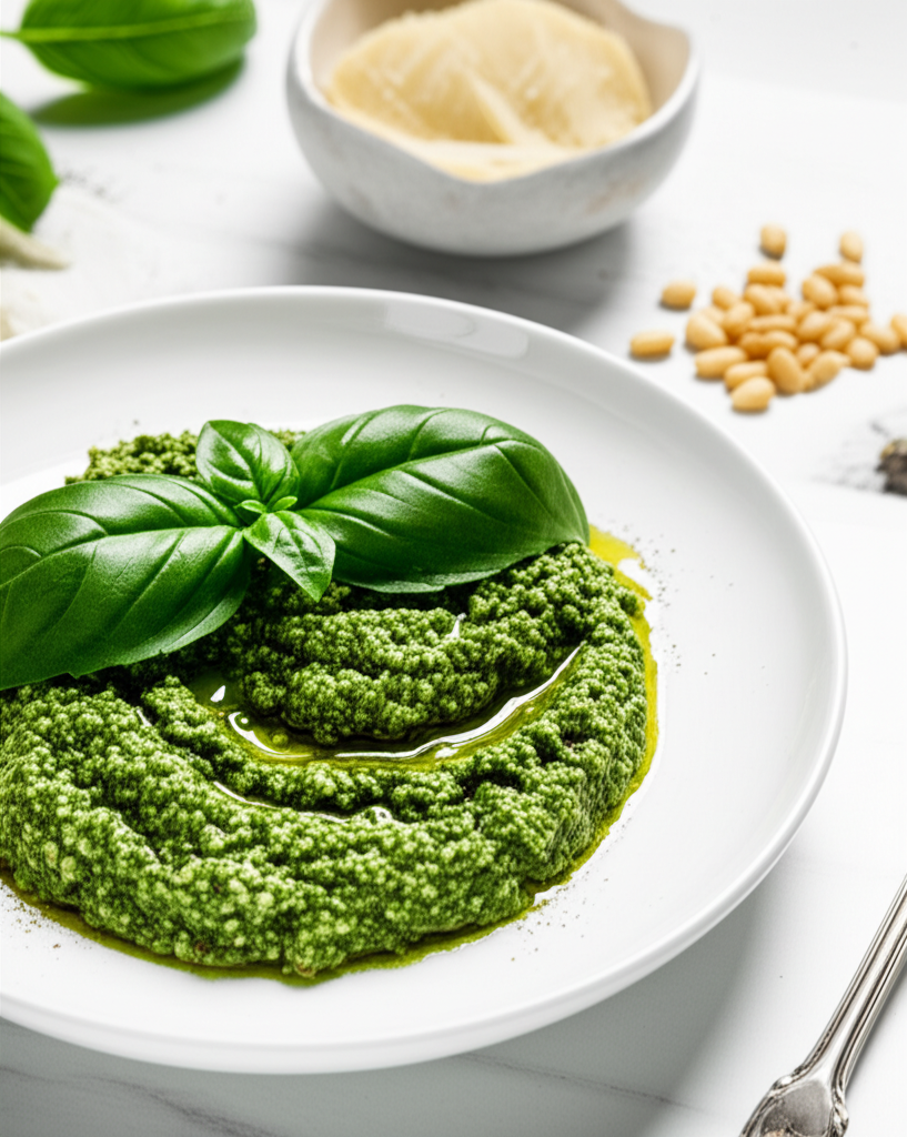 Bright green pesto on a white plate, garnished with basil leaves and olive oil. Parmesan and pine nuts in background.