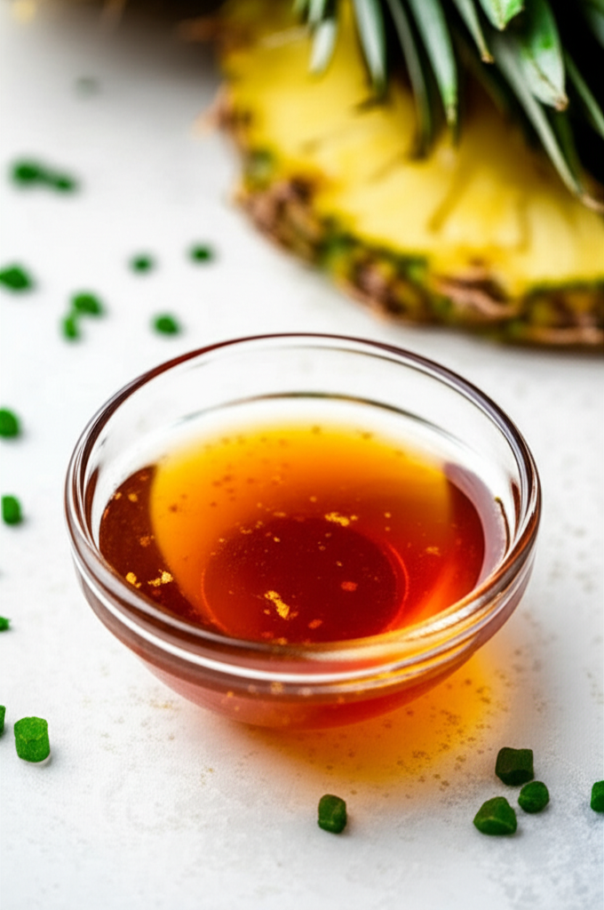 Sweet and sour marinade in glass bowl with pineapple slice and green garnish.