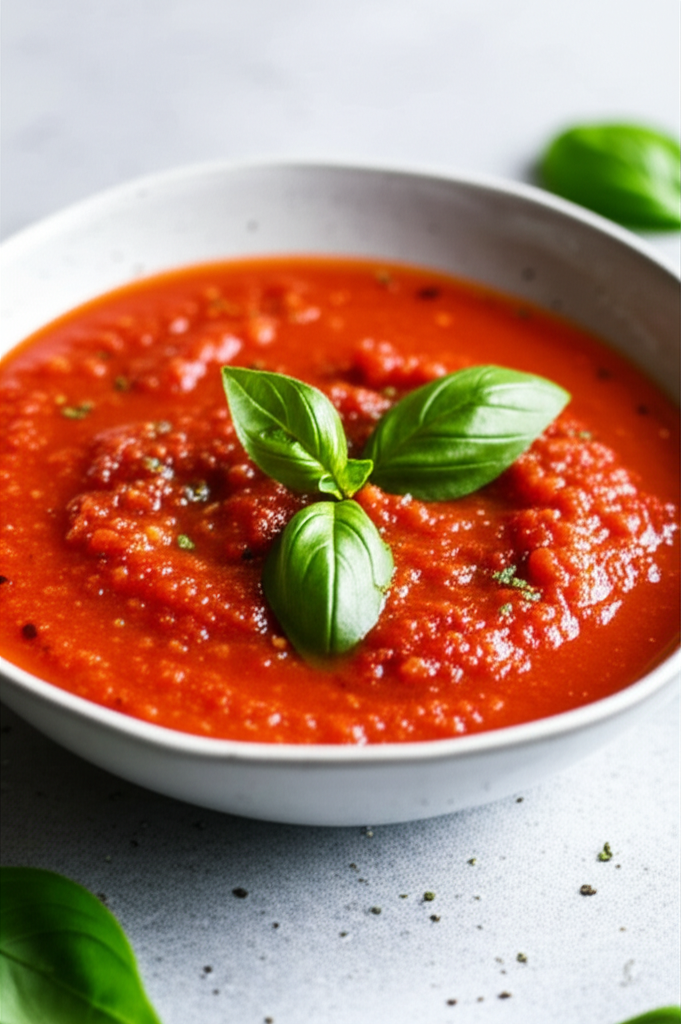 Bowl of chunky, bright red tomato sauce, garnished with fresh basil leaves.